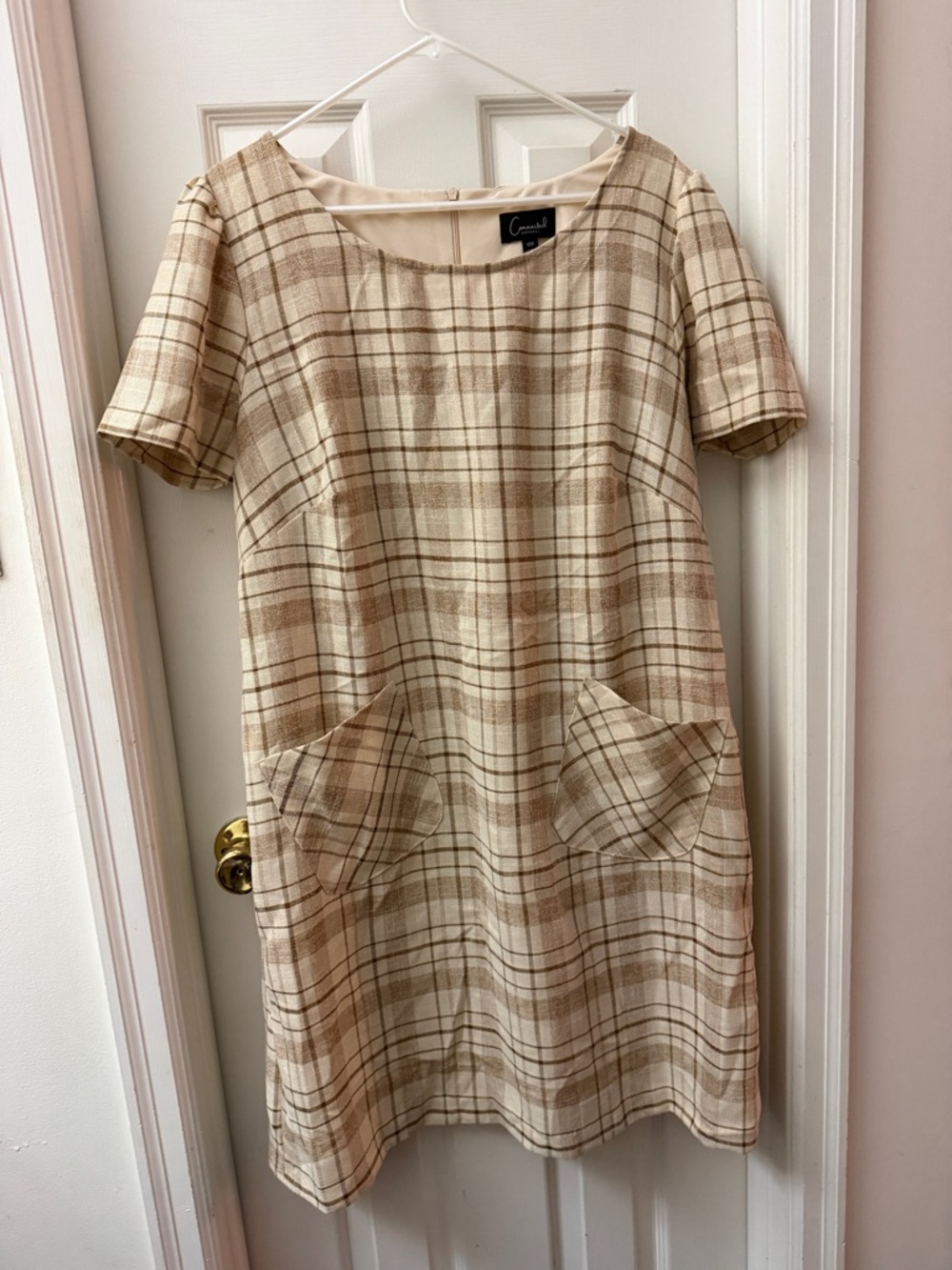 connected apparel Beige and Cream Plaid Midi Shift Dress